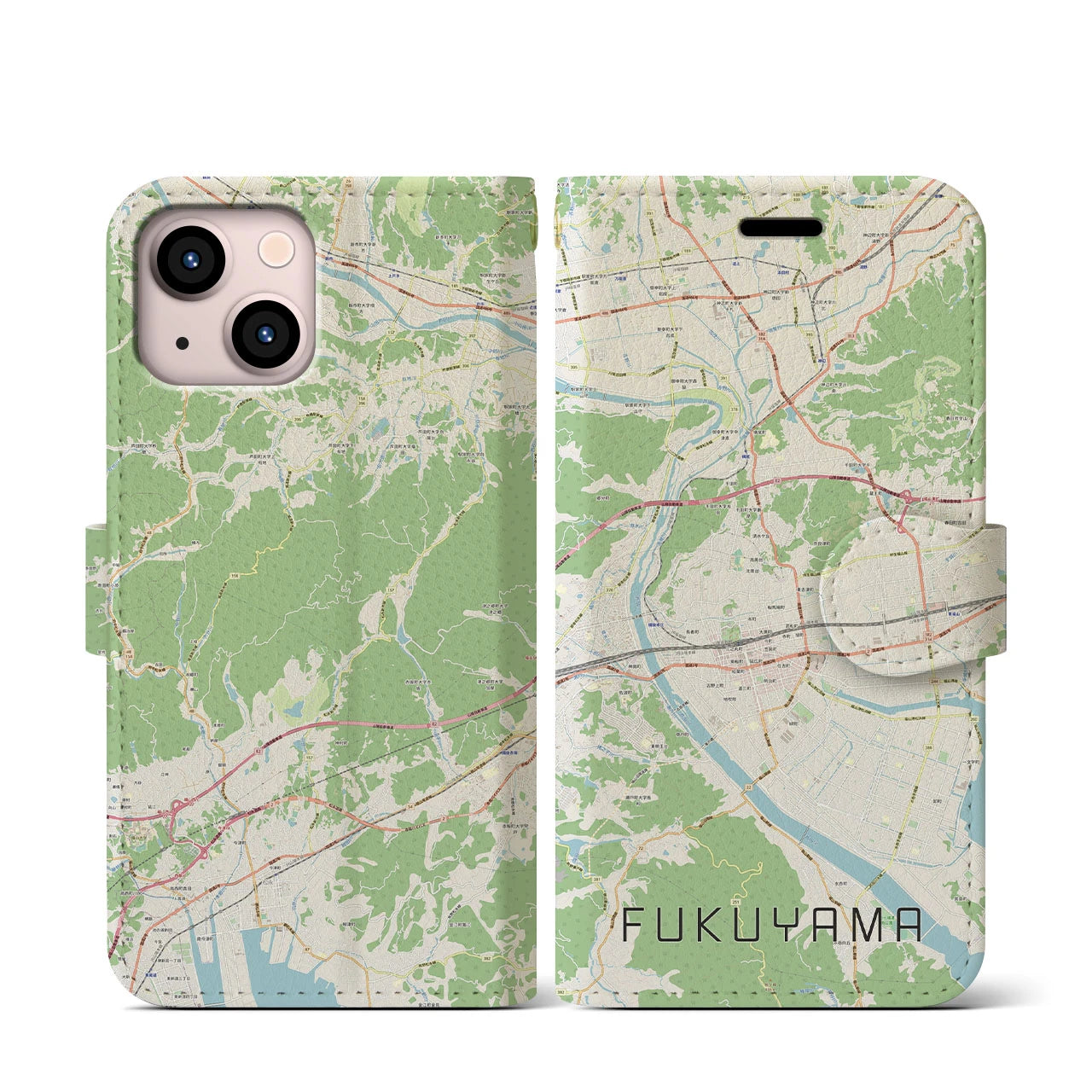 【福山(広島県)】地図柄iPhoneケース(手帳タイプ)ナチュラル・iPhone 13 mini 用