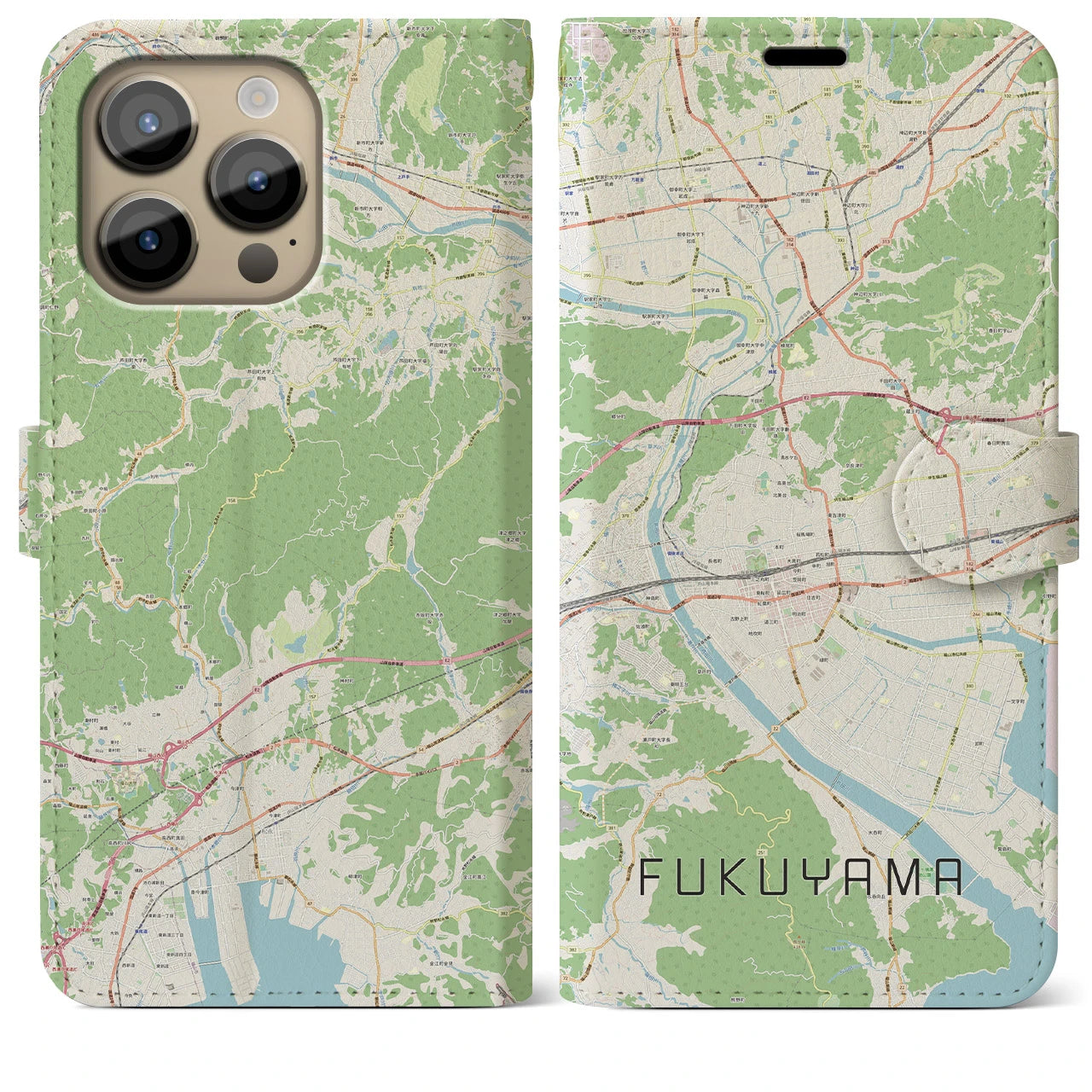 【福山(広島県)】地図柄iPhoneケース(手帳タイプ)ナチュラル・iPhone 14 Pro Max 用