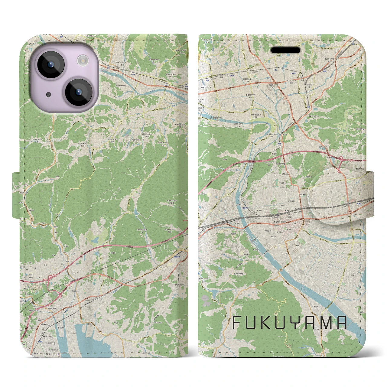 【福山(広島県)】地図柄iPhoneケース(手帳タイプ)ナチュラル・iPhone 14 用