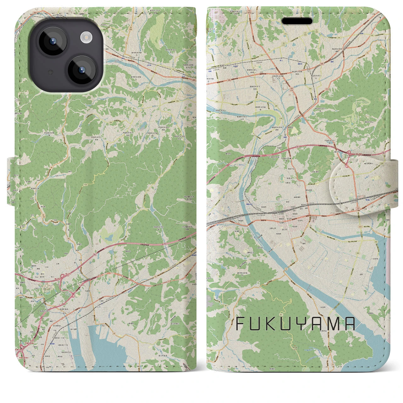 【福山(広島県)】地図柄iPhoneケース(手帳タイプ)ナチュラル・iPhone 14 Plus 用