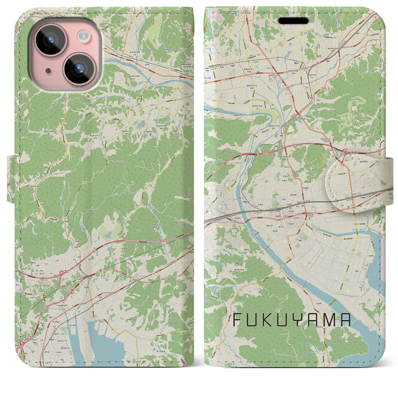 【福山(広島県)】地図柄iPhoneケース(手帳タイプ)ナチュラル・iPhone 15 Plus 用