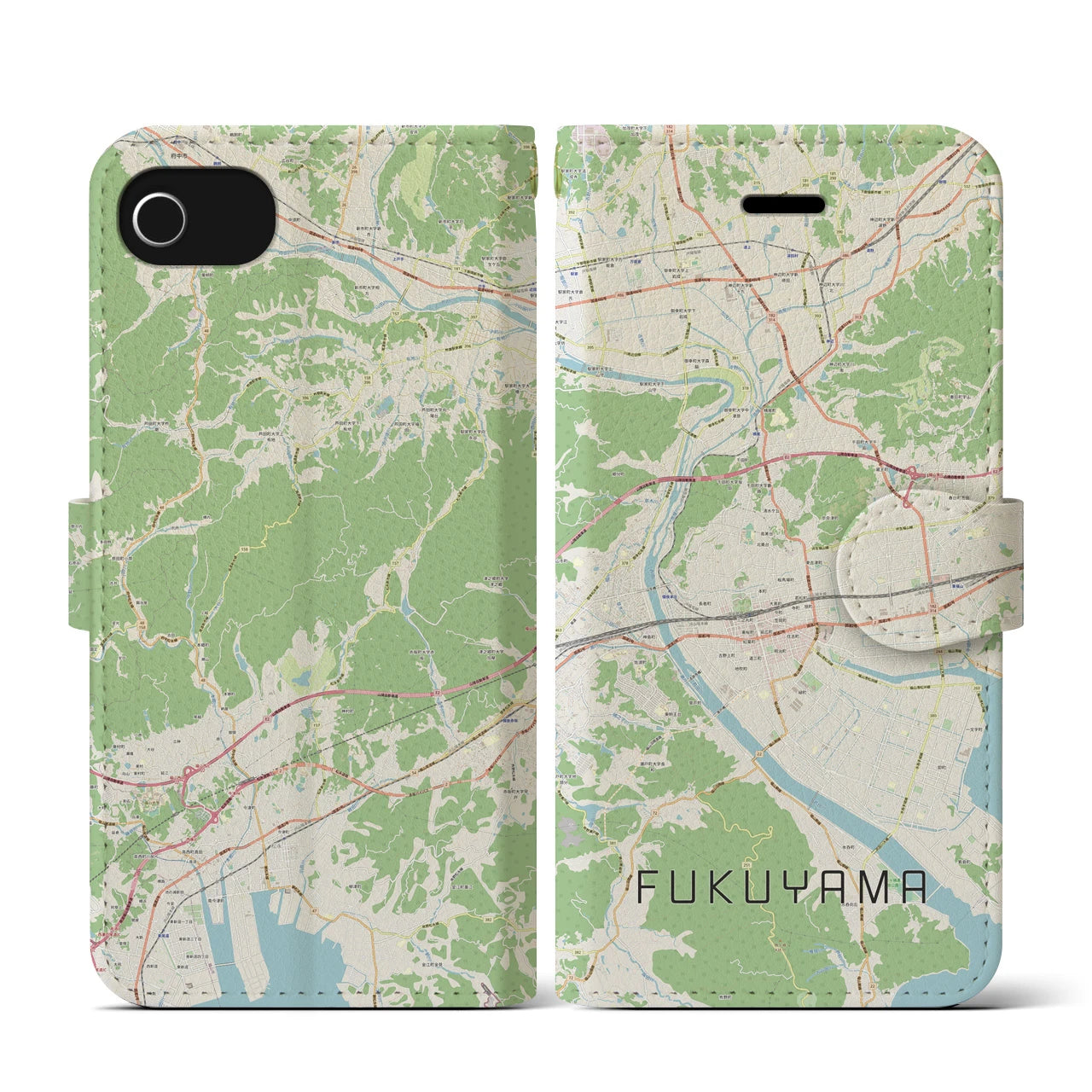 【福山(広島県)】地図柄iPhoneケース(手帳タイプ)ナチュラル・iPhone SE(第3 / 第2世代) / 8 / 7 / 6s / 6 用