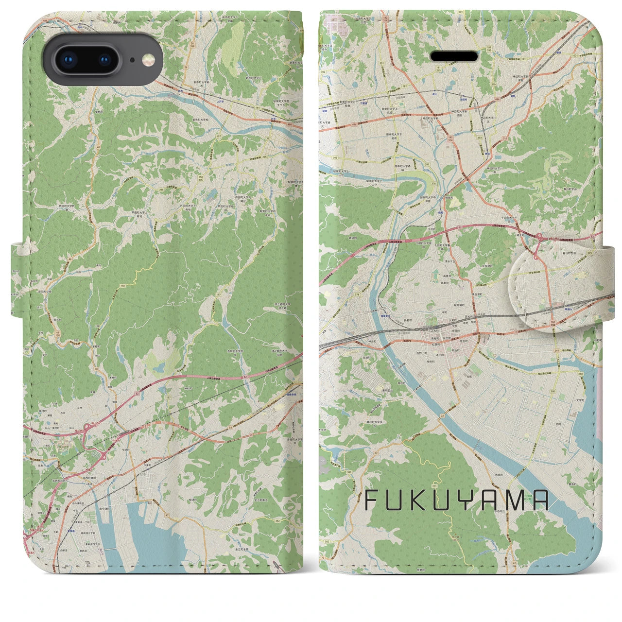 【福山(広島県)】地図柄iPhoneケース(手帳タイプ)ナチュラル・iPhone 8Plus /7Plus / 6sPlus / 6Plus 用