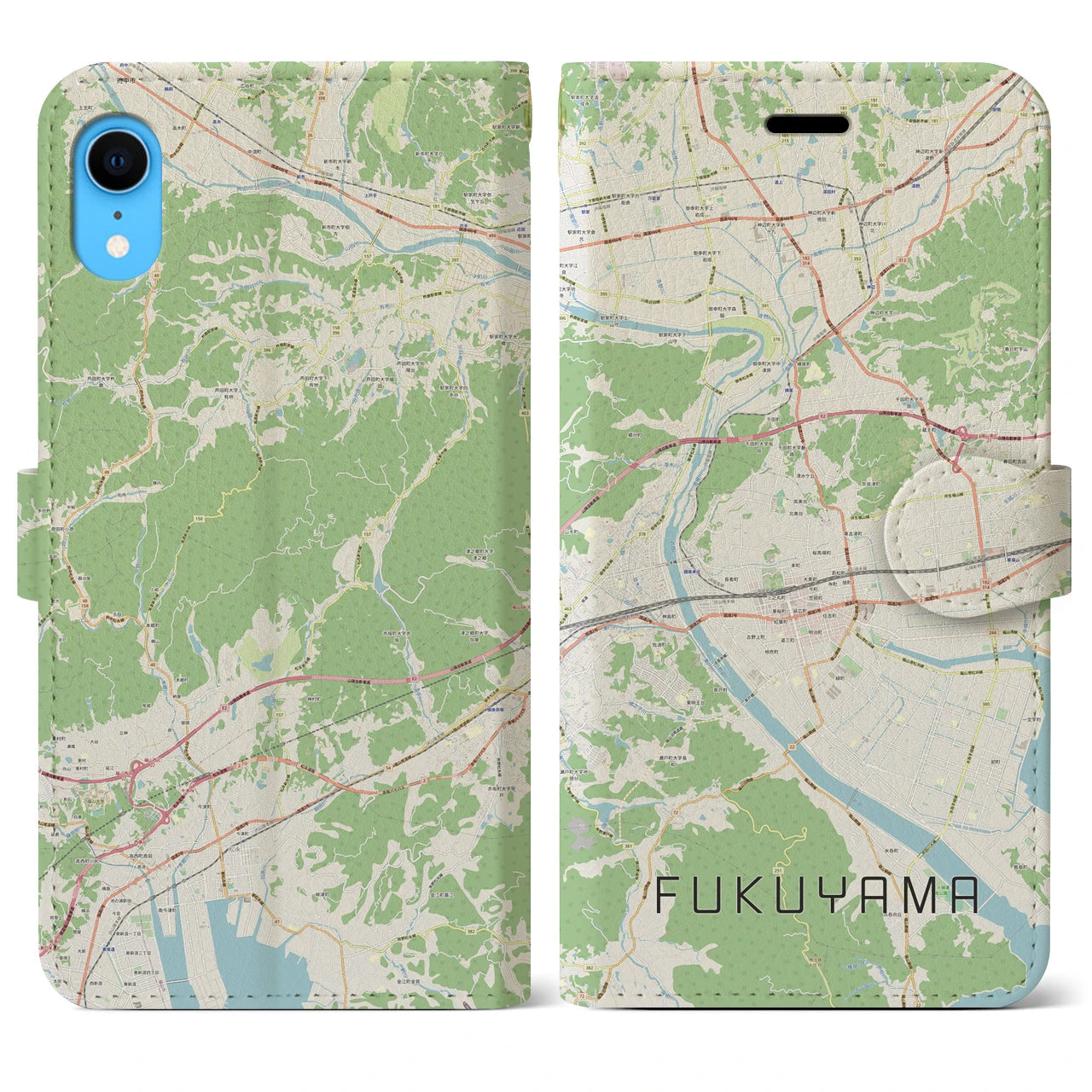 【福山(広島県)】地図柄iPhoneケース(手帳タイプ)ナチュラル・iPhone XR 用