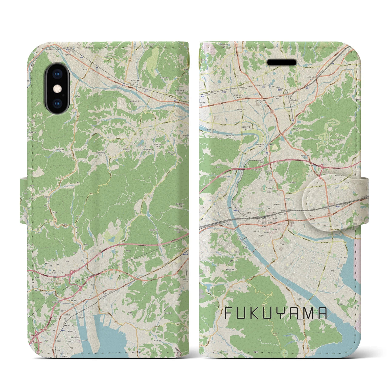 【福山(広島県)】地図柄iPhoneケース(手帳タイプ)ナチュラル・iPhone XS / X 用