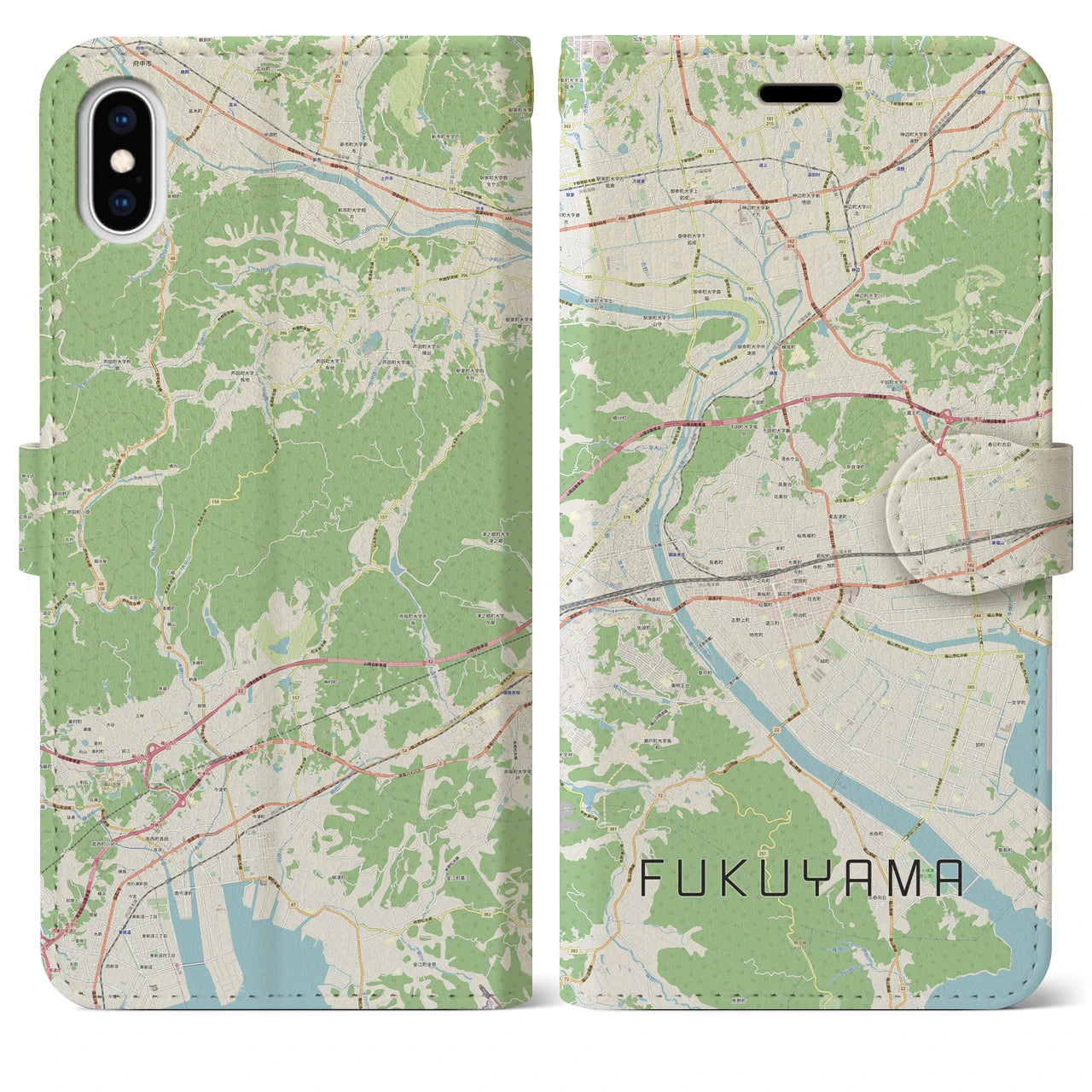 【福山(広島県)】地図柄iPhoneケース(手帳タイプ)ナチュラル・iPhone XS Max 用