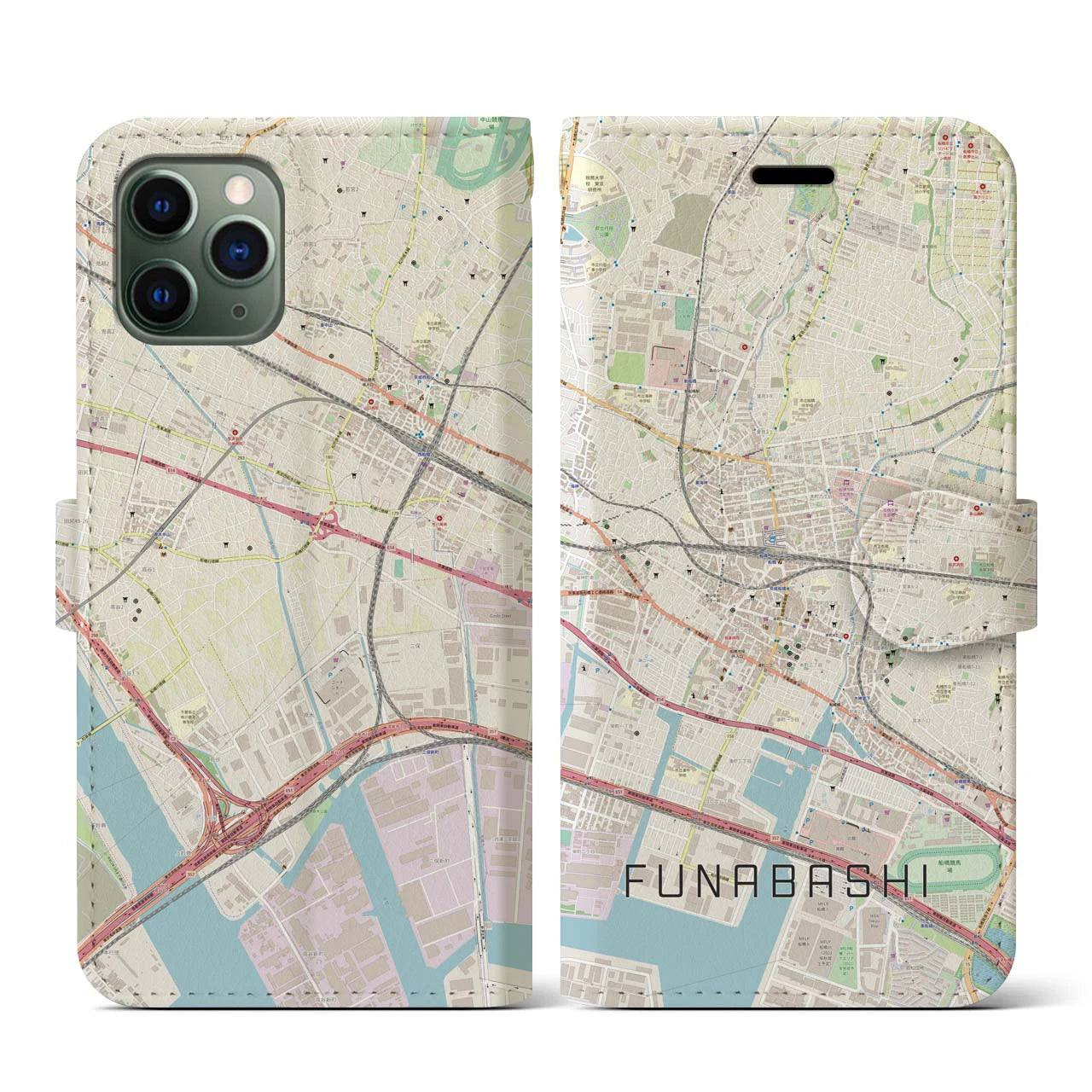 【船橋(千葉県)】地図柄iPhoneケース(手帳タイプ)ナチュラル・iPhone 11 Pro 用