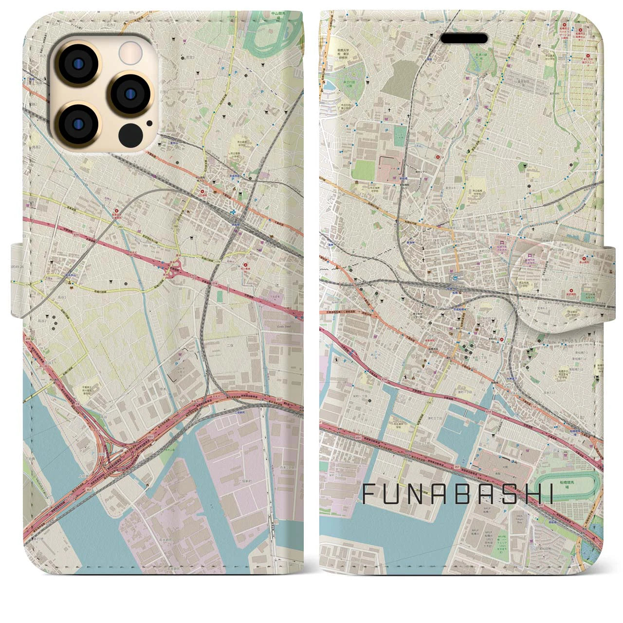 【船橋(千葉県)】地図柄iPhoneケース(手帳タイプ)ナチュラル・iPhone 12 Pro Max 用