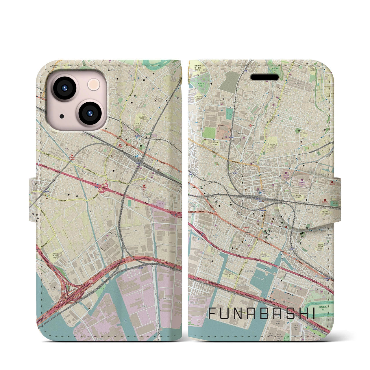 【船橋(千葉県)】地図柄iPhoneケース(手帳タイプ)ナチュラル・iPhone 13 mini 用