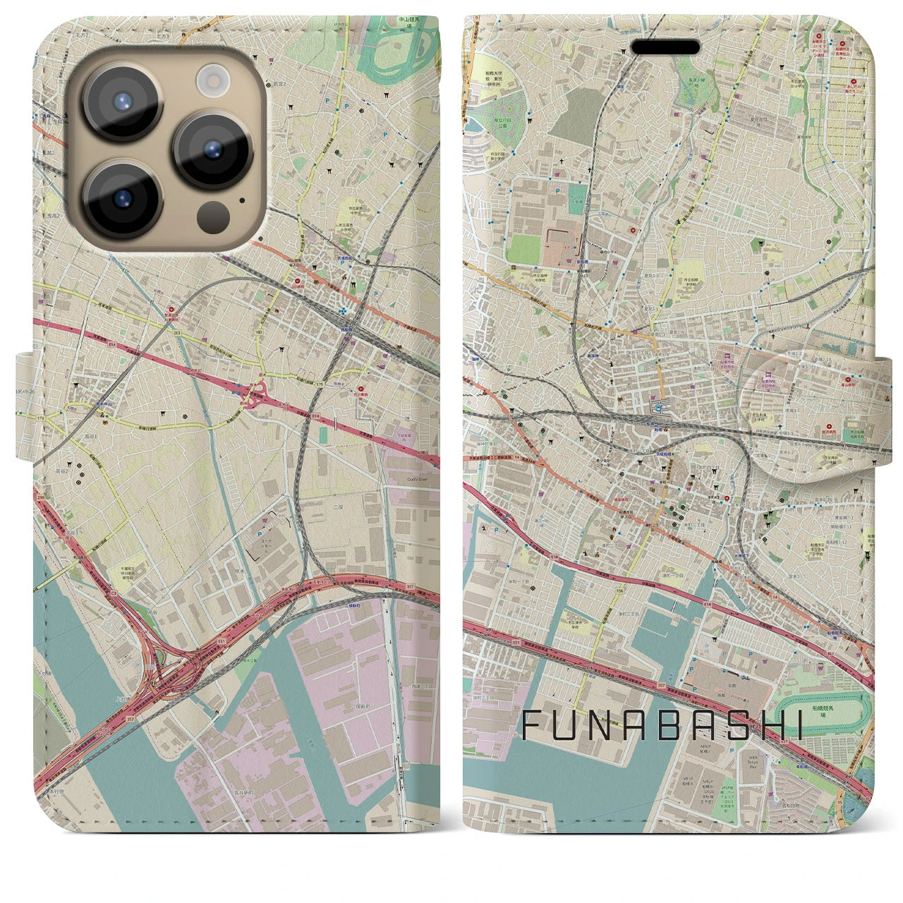 【船橋(千葉県)】地図柄iPhoneケース(手帳タイプ)ナチュラル・iPhone 14 Pro Max 用