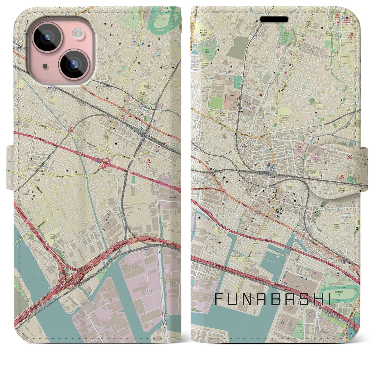 【船橋(千葉県)】地図柄iPhoneケース(手帳タイプ)ナチュラル・iPhone 15 Plus 用