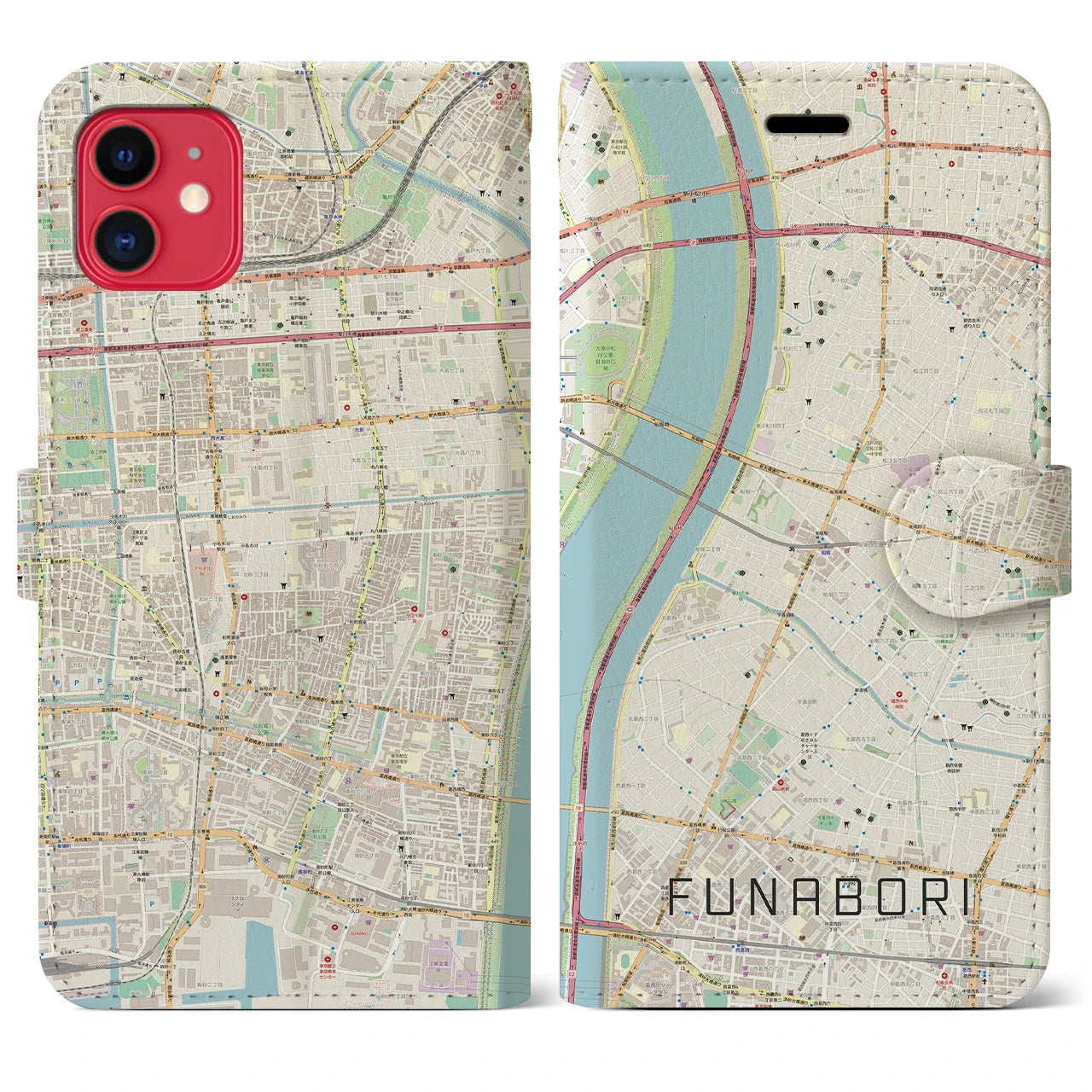 【船堀(東京都)】地図柄iPhoneケース(手帳タイプ)ナチュラル・iPhone 11 用