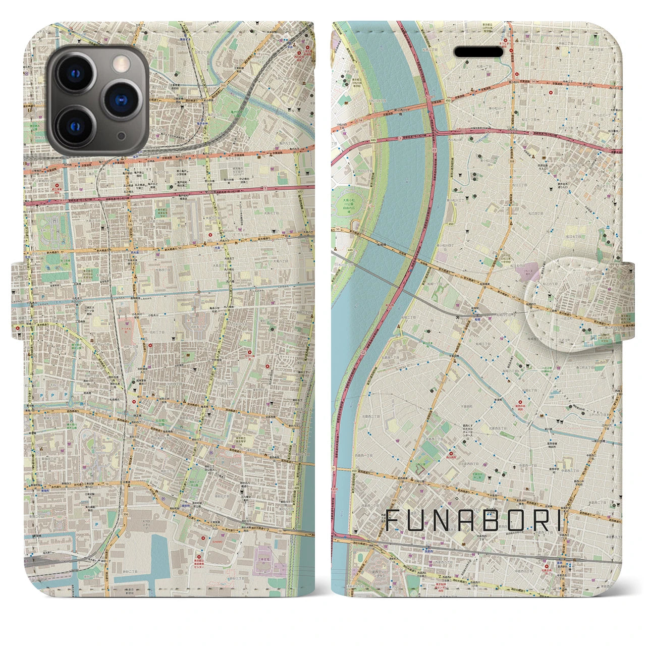 【船堀(東京都)】地図柄iPhoneケース(手帳タイプ)ナチュラル・iPhone 11 Pro Max 用