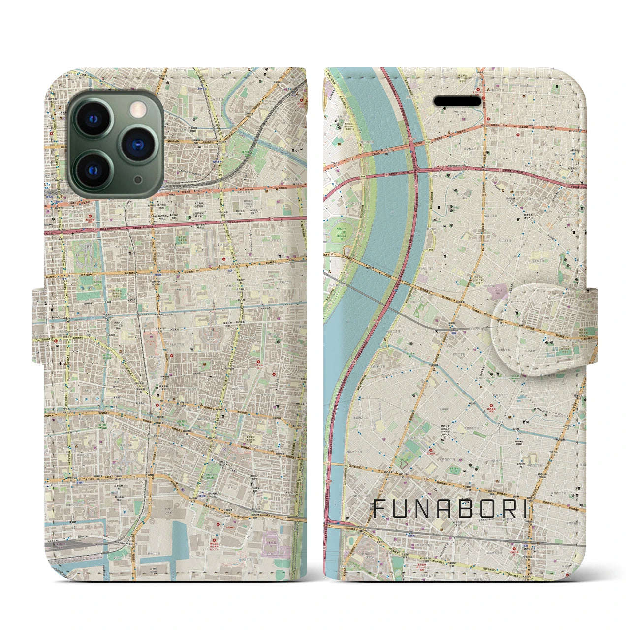【船堀(東京都)】地図柄iPhoneケース(手帳タイプ)ナチュラル・iPhone 11 Pro 用