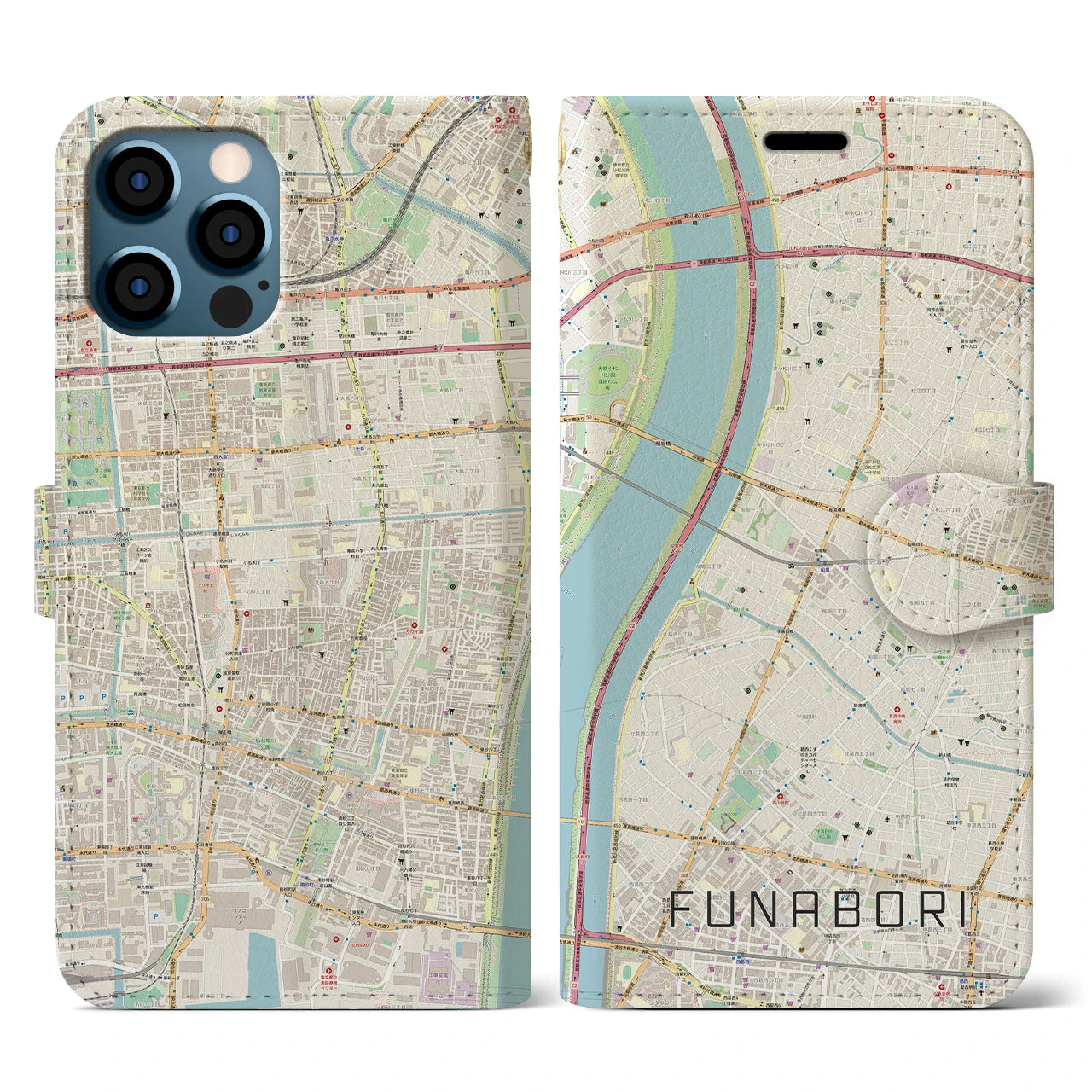 【船堀(東京都)】地図柄iPhoneケース(手帳タイプ)ナチュラル・iPhone 12 / 12 Pro 用