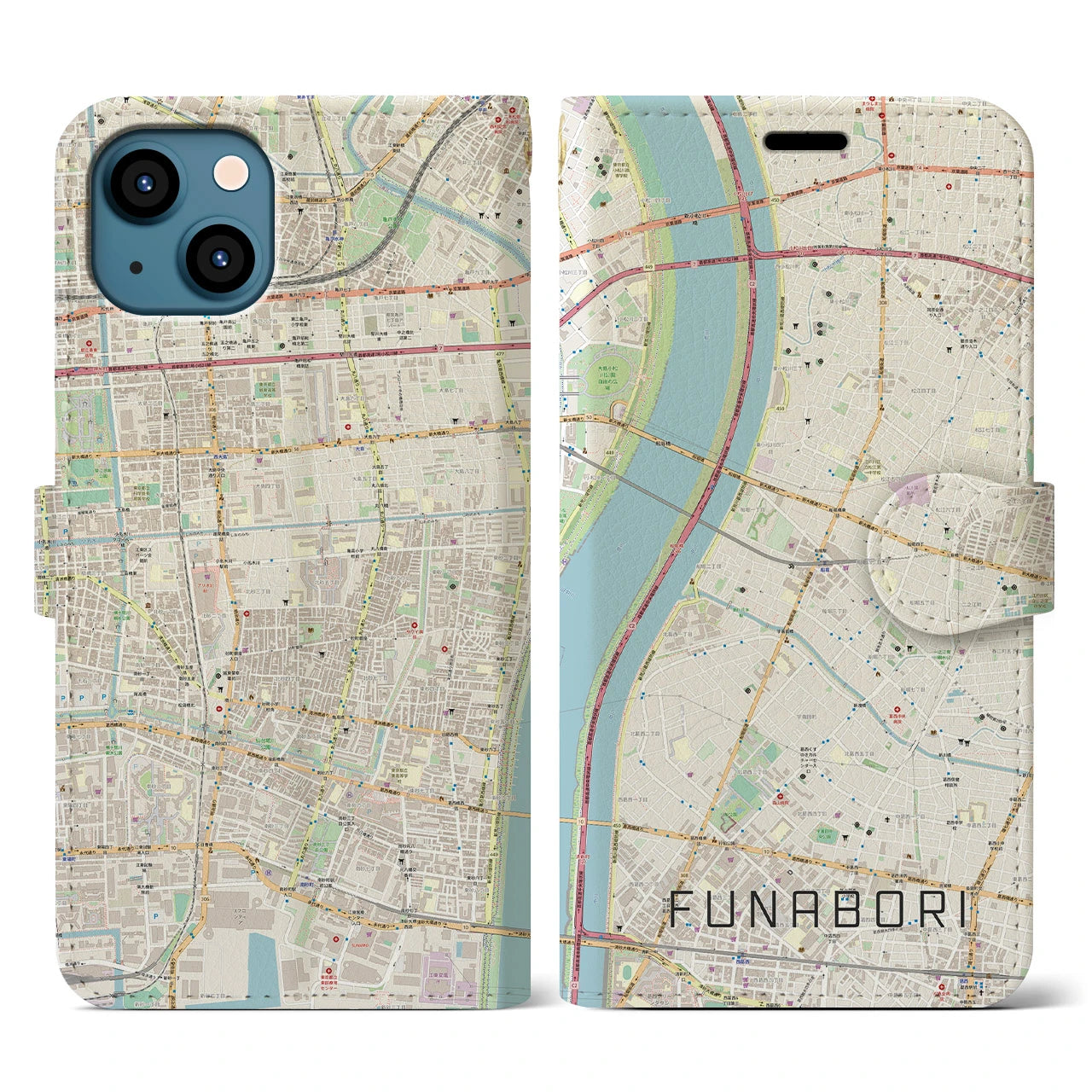 【船堀(東京都)】地図柄iPhoneケース(手帳タイプ)ナチュラル・iPhone 13 用