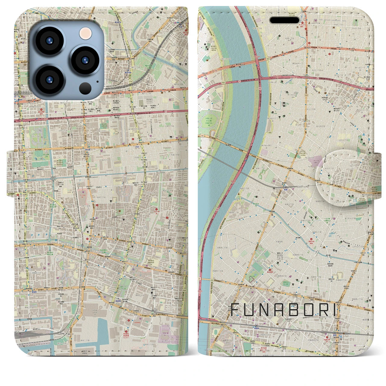 【船堀(東京都)】地図柄iPhoneケース(手帳タイプ)ナチュラル・iPhone 13 Pro Max 用