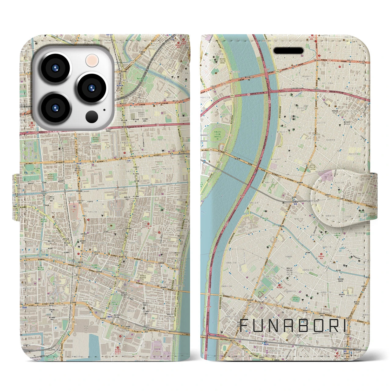 【船堀(東京都)】地図柄iPhoneケース(手帳タイプ)ナチュラル・iPhone 13 Pro 用