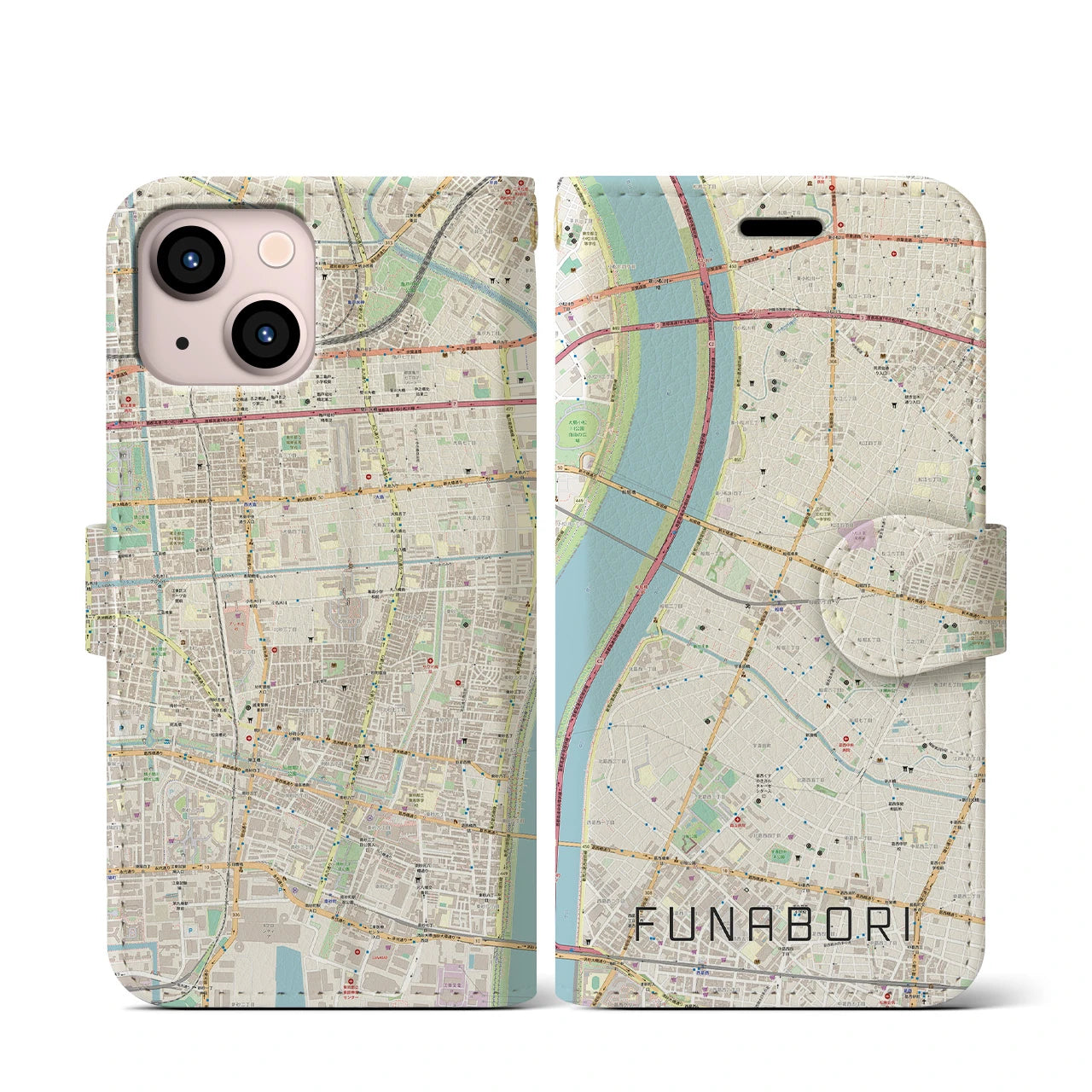 【船堀(東京都)】地図柄iPhoneケース(手帳タイプ)ナチュラル・iPhone 13 mini 用