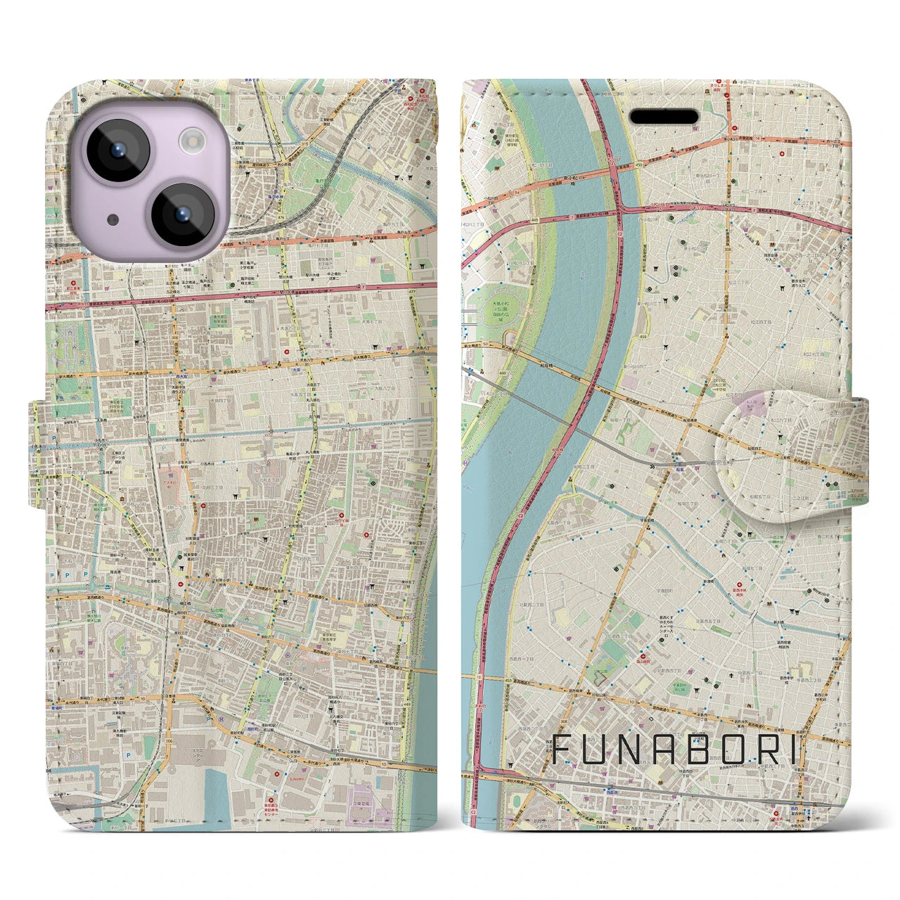 【船堀(東京都)】地図柄iPhoneケース(手帳タイプ)ナチュラル・iPhone 14 用