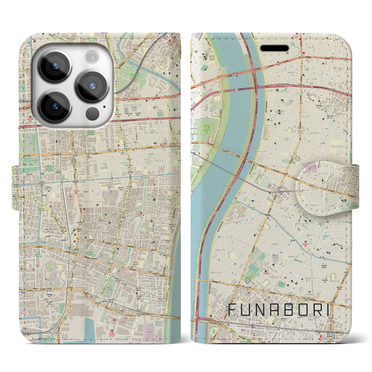 【船堀(東京都)】地図柄iPhoneケース(手帳タイプ)ナチュラル・iPhone 14 Pro 用