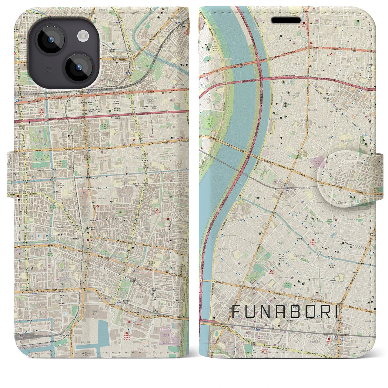 【船堀(東京都)】地図柄iPhoneケース(手帳タイプ)ナチュラル・iPhone 14 Plus 用