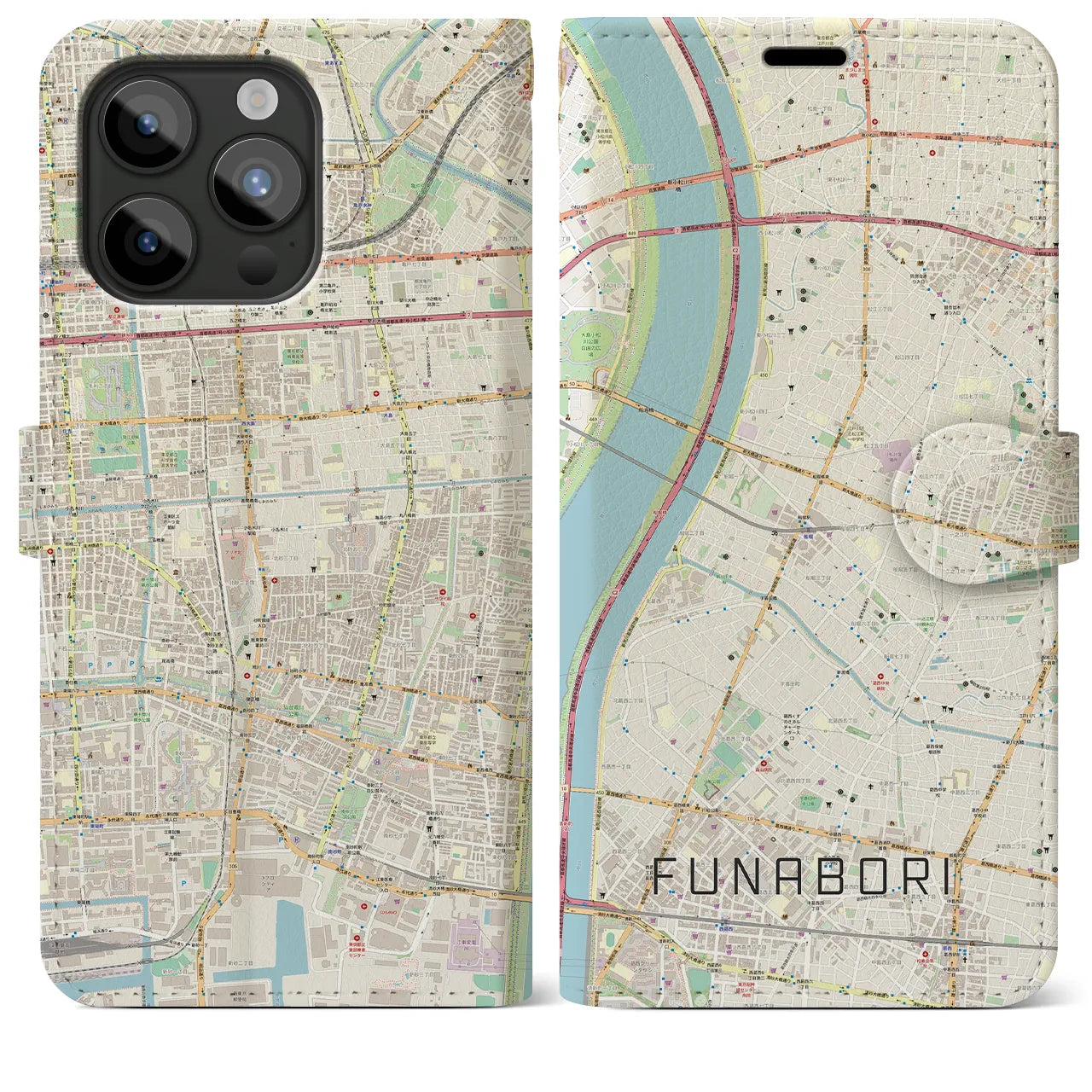 【船堀(東京都)】地図柄iPhoneケース(手帳タイプ)ナチュラル・iPhone 15 Pro Max 用