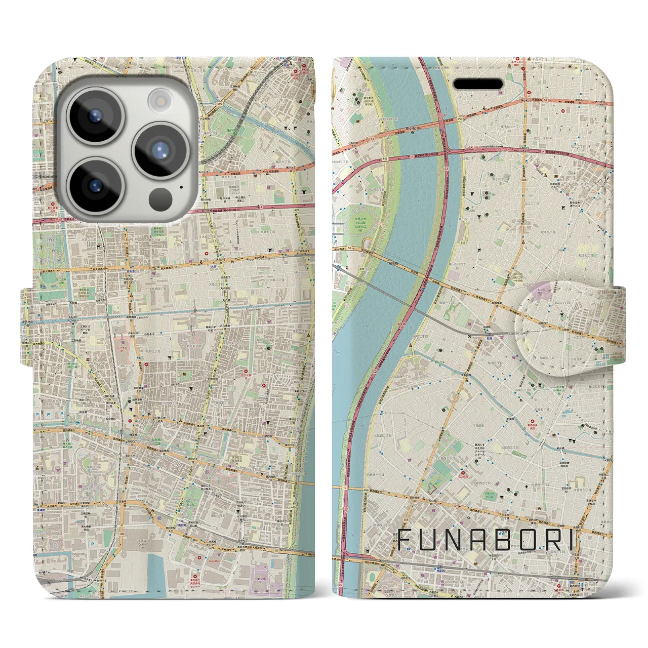 【船堀(東京都)】地図柄iPhoneケース(手帳タイプ)ナチュラル・iPhone 15 Pro 用