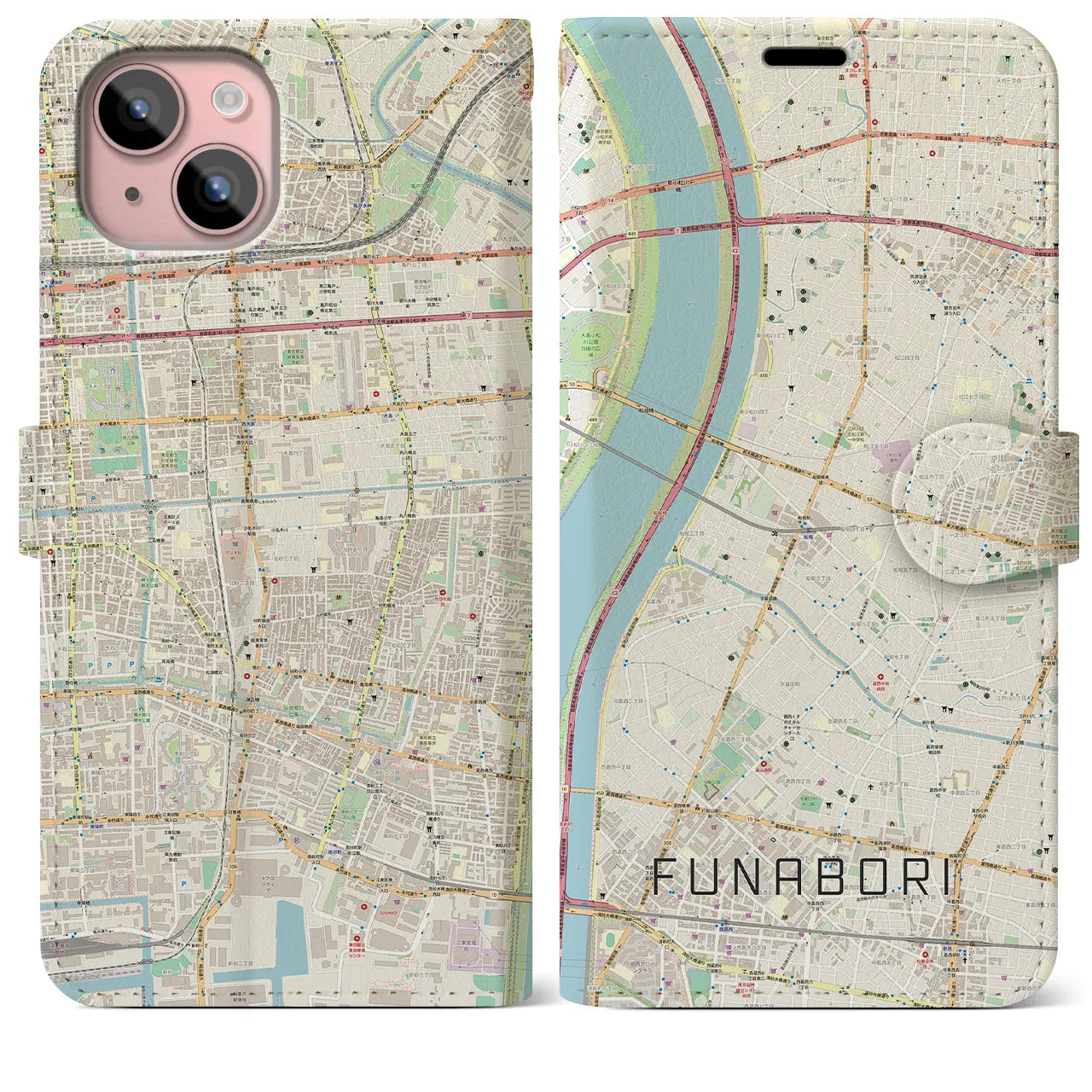 【船堀(東京都)】地図柄iPhoneケース(手帳タイプ)ナチュラル・iPhone 15 Plus 用