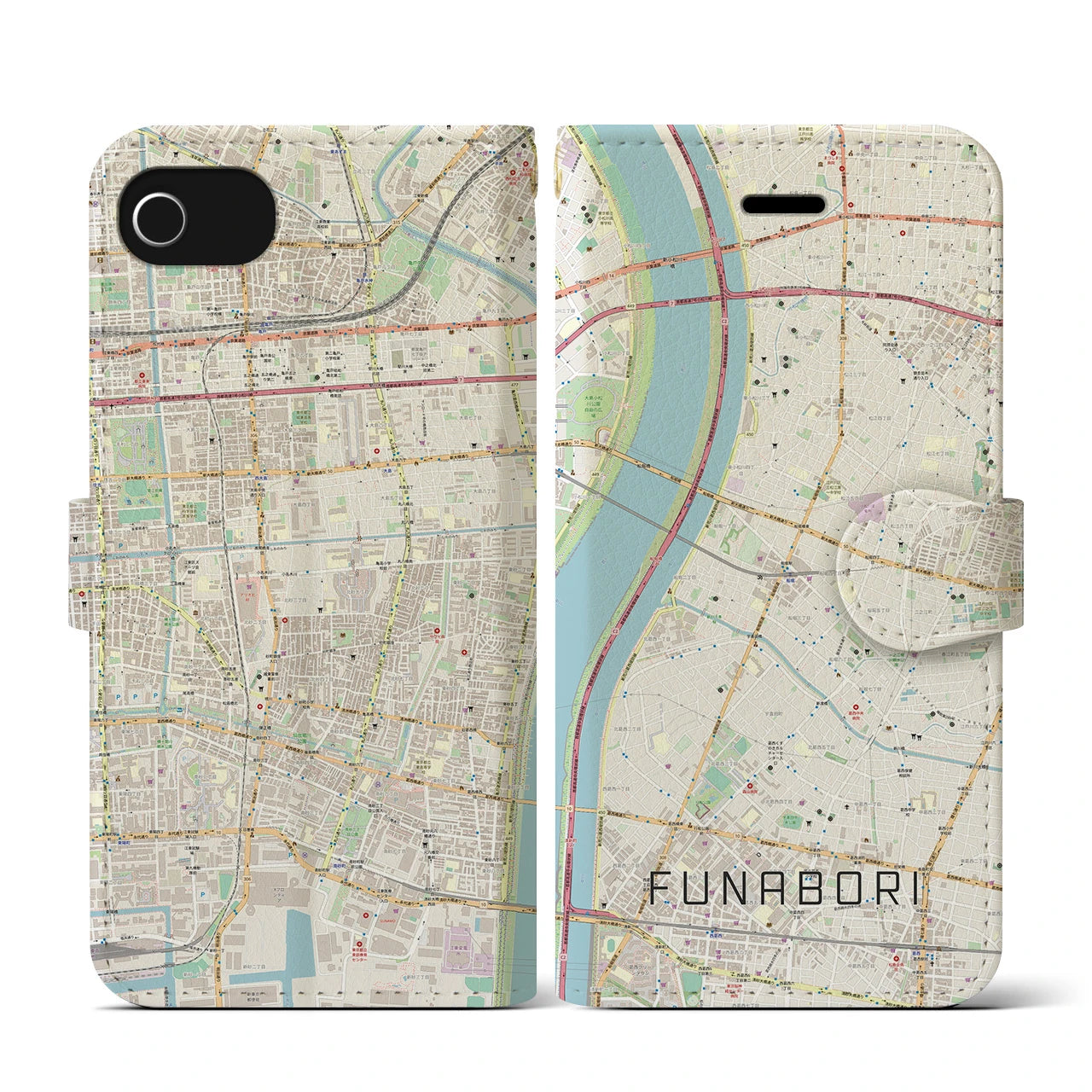 【船堀(東京都)】地図柄iPhoneケース(手帳タイプ)ナチュラル・iPhone SE(第3 / 第2世代) / 8 / 7 / 6s / 6 用