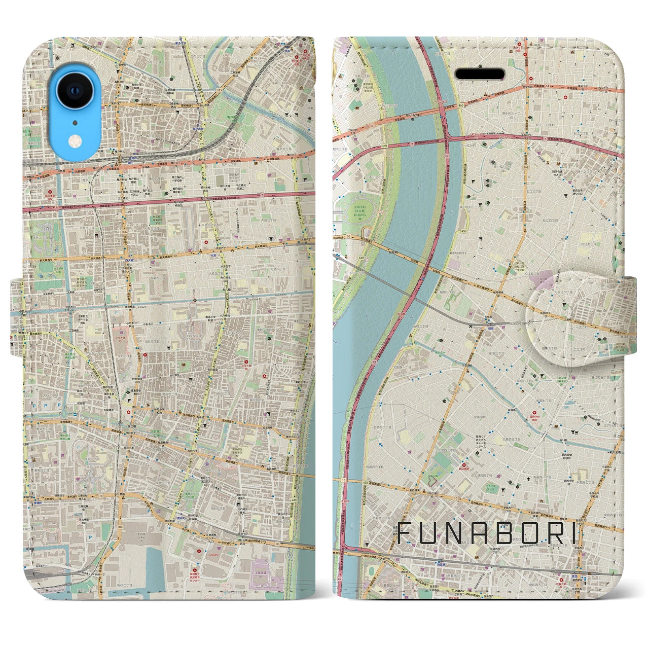 【船堀(東京都)】地図柄iPhoneケース(手帳タイプ)ナチュラル・iPhone XR 用