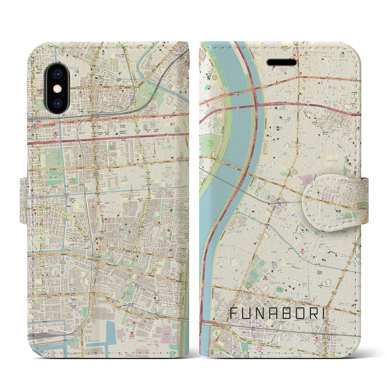 【船堀(東京都)】地図柄iPhoneケース(手帳タイプ)ナチュラル・iPhone XS / X 用