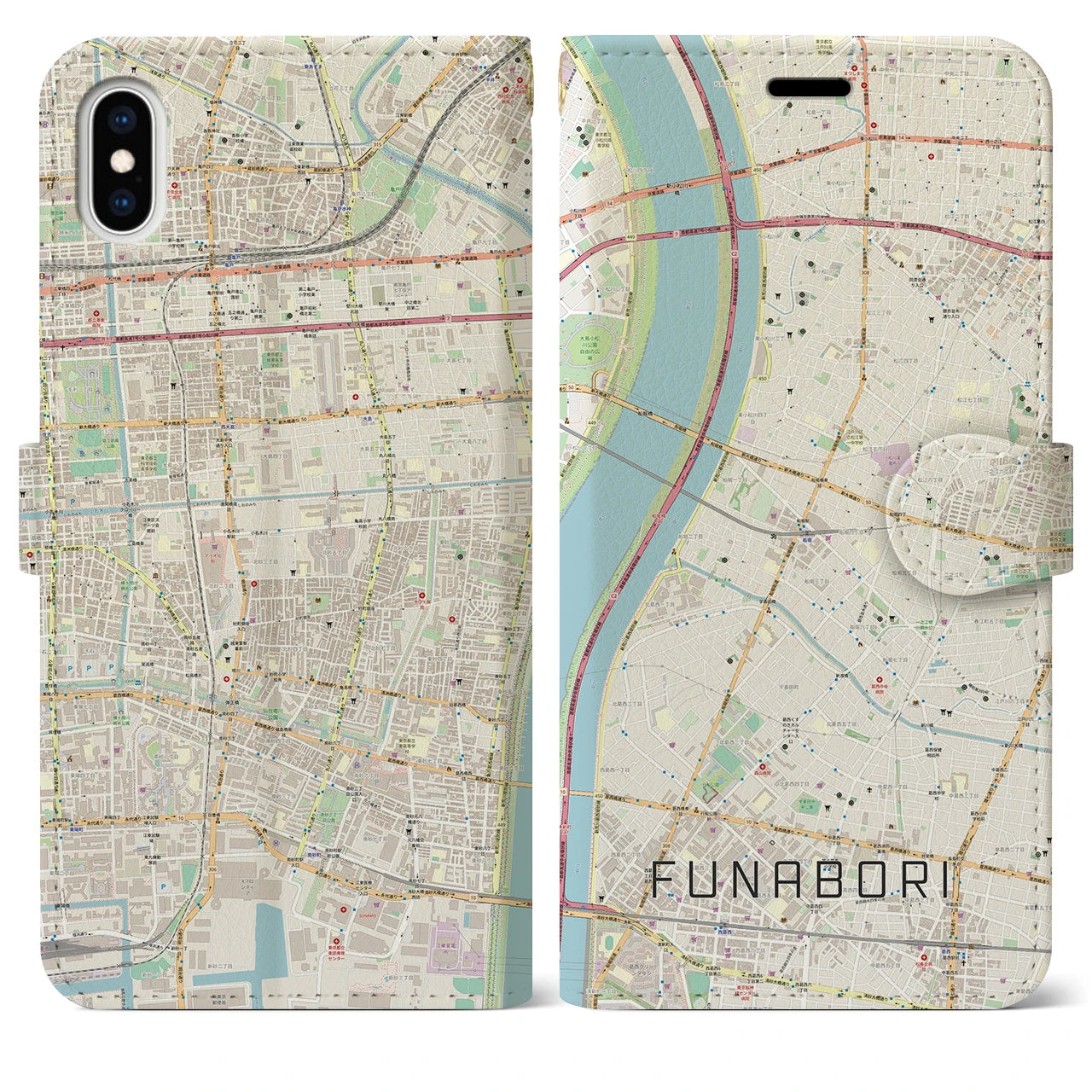 【船堀(東京都)】地図柄iPhoneケース(手帳タイプ)ナチュラル・iPhone XS Max 用