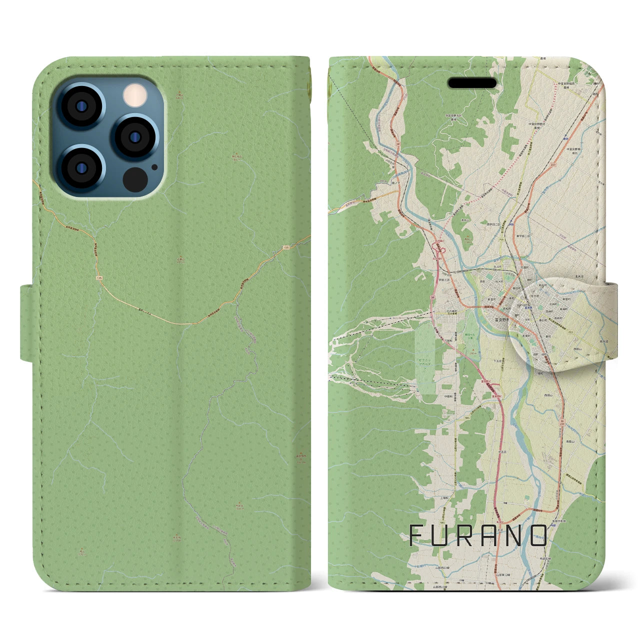 【富良野(北海道)】地図柄iPhoneケース(手帳タイプ)ナチュラル・iPhone 12 / 12 Pro 用