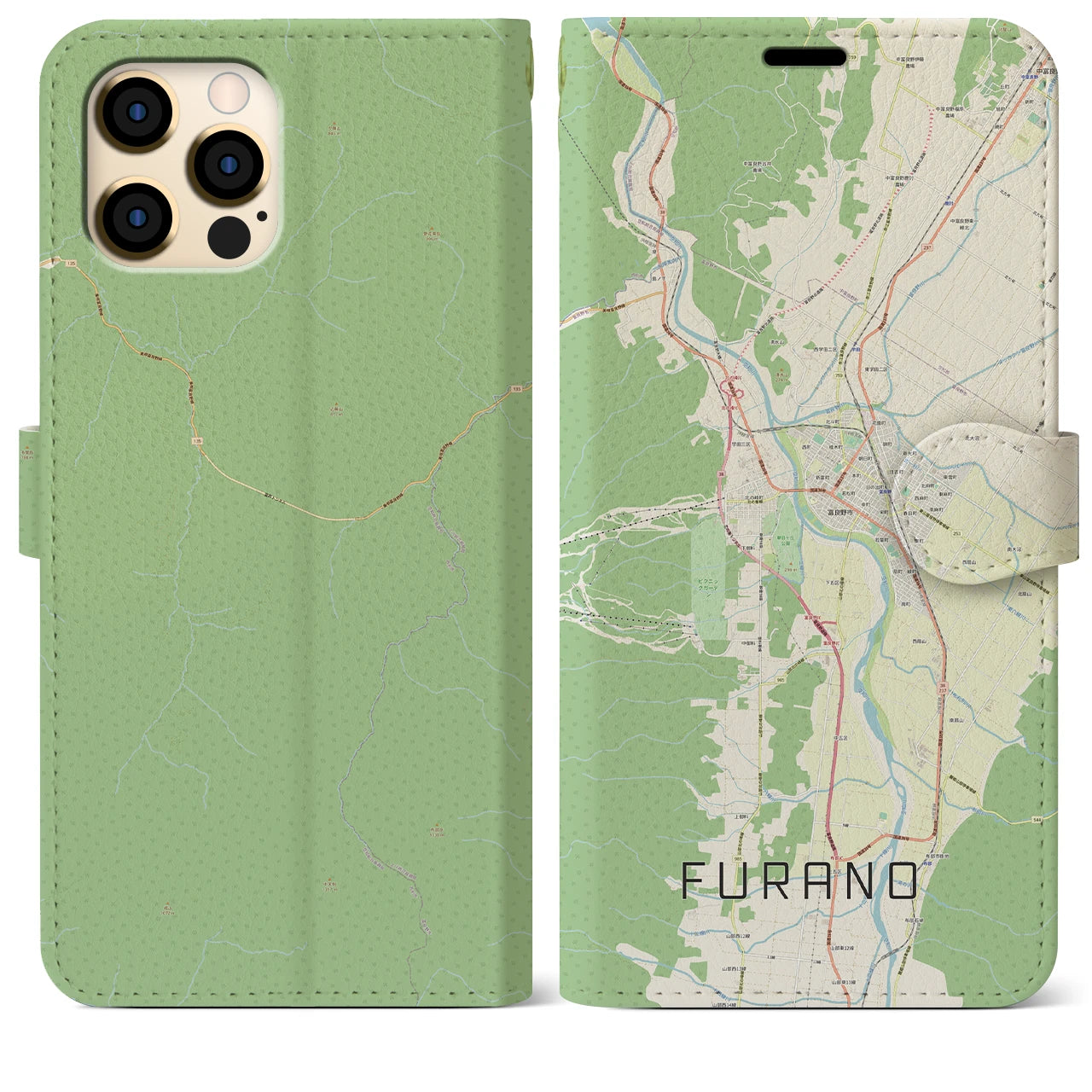 【富良野(北海道)】地図柄iPhoneケース(手帳タイプ)ナチュラル・iPhone 12 Pro Max 用