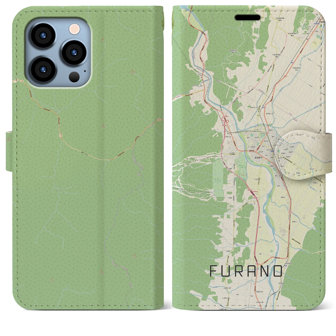 【富良野(北海道)】地図柄iPhoneケース(手帳タイプ)ナチュラル・iPhone 13 Pro Max 用