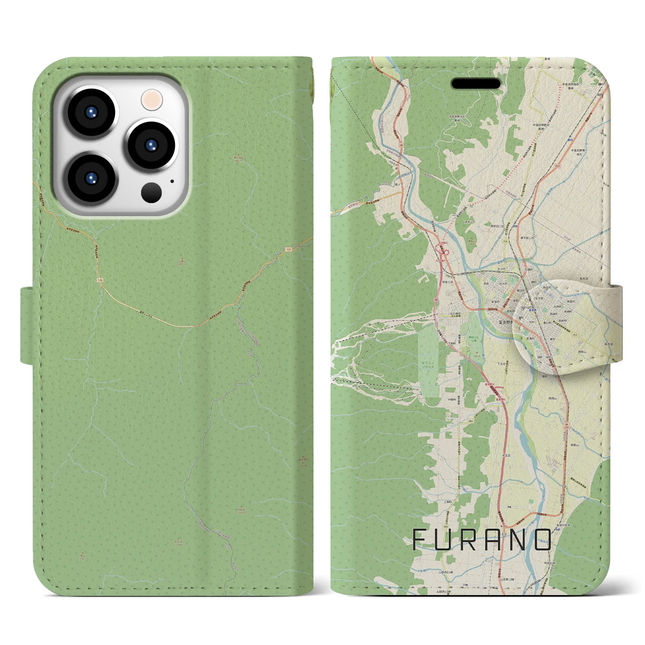 【富良野(北海道)】地図柄iPhoneケース(手帳タイプ)ナチュラル・iPhone 13 Pro 用