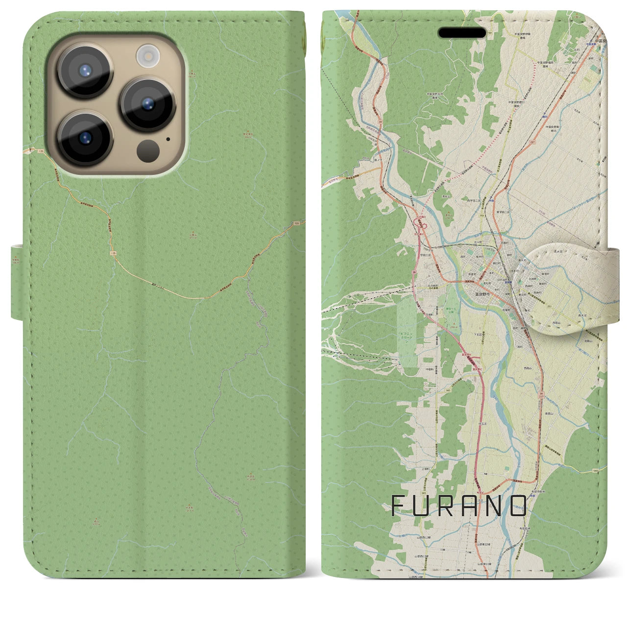 【富良野(北海道)】地図柄iPhoneケース(手帳タイプ)ナチュラル・iPhone 14 Pro Max 用