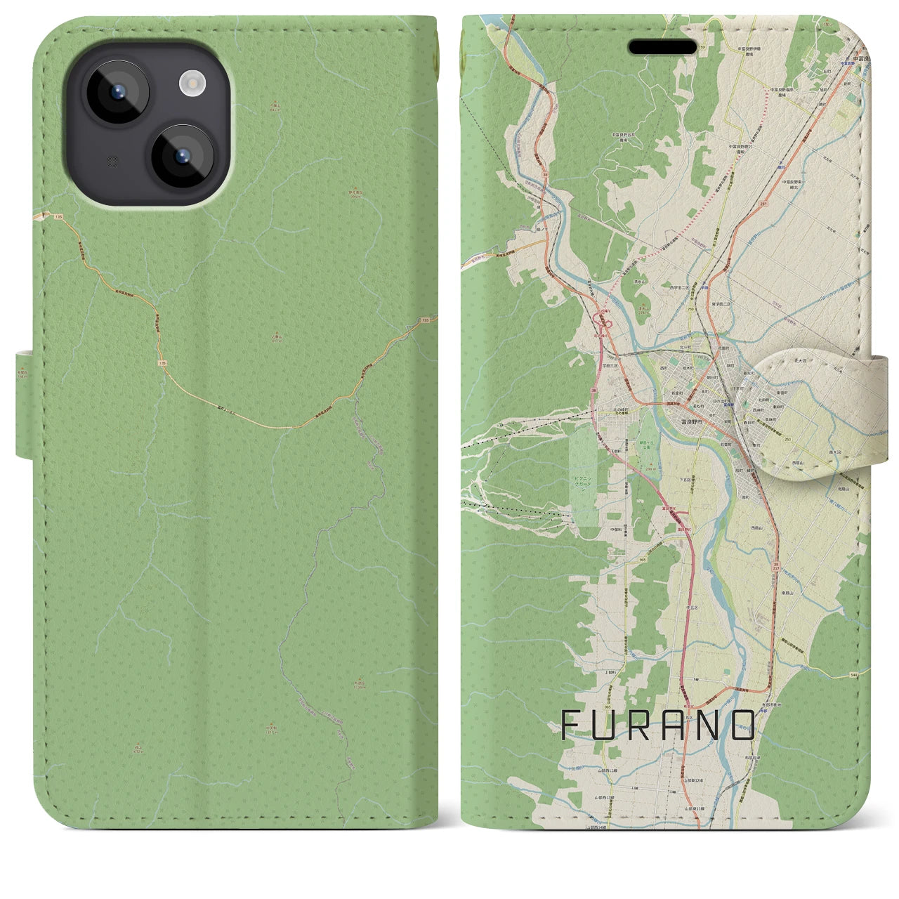 【富良野(北海道)】地図柄iPhoneケース(手帳タイプ)ナチュラル・iPhone 14 Plus 用