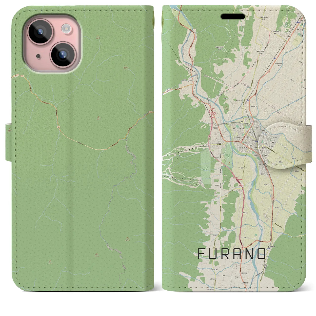 【富良野(北海道)】地図柄iPhoneケース(手帳タイプ)ナチュラル・iPhone 15 Plus 用