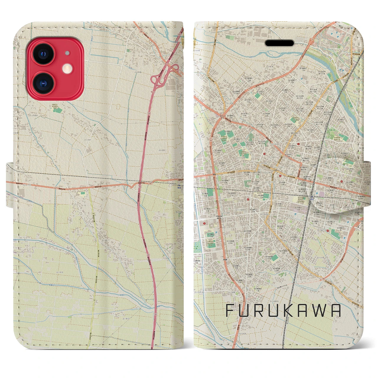 【古川(宮城県)】地図柄iPhoneケース(手帳タイプ)ナチュラル・iPhone 11 用