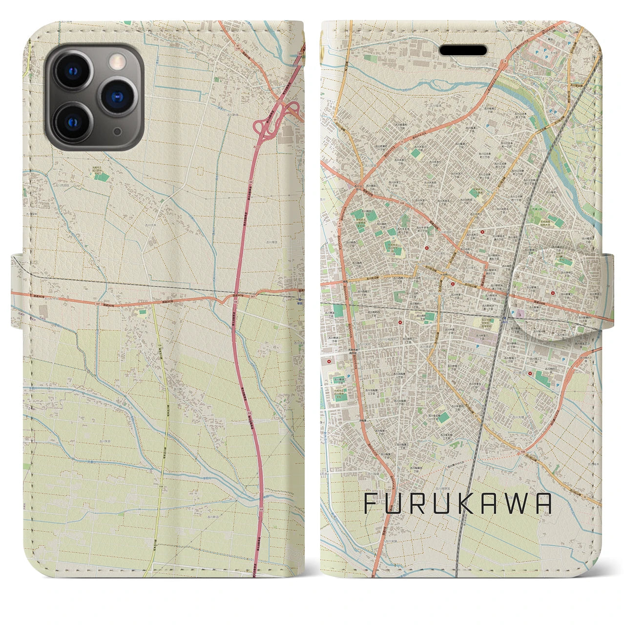 【古川(宮城県)】地図柄iPhoneケース(手帳タイプ)ナチュラル・iPhone 11 Pro Max 用