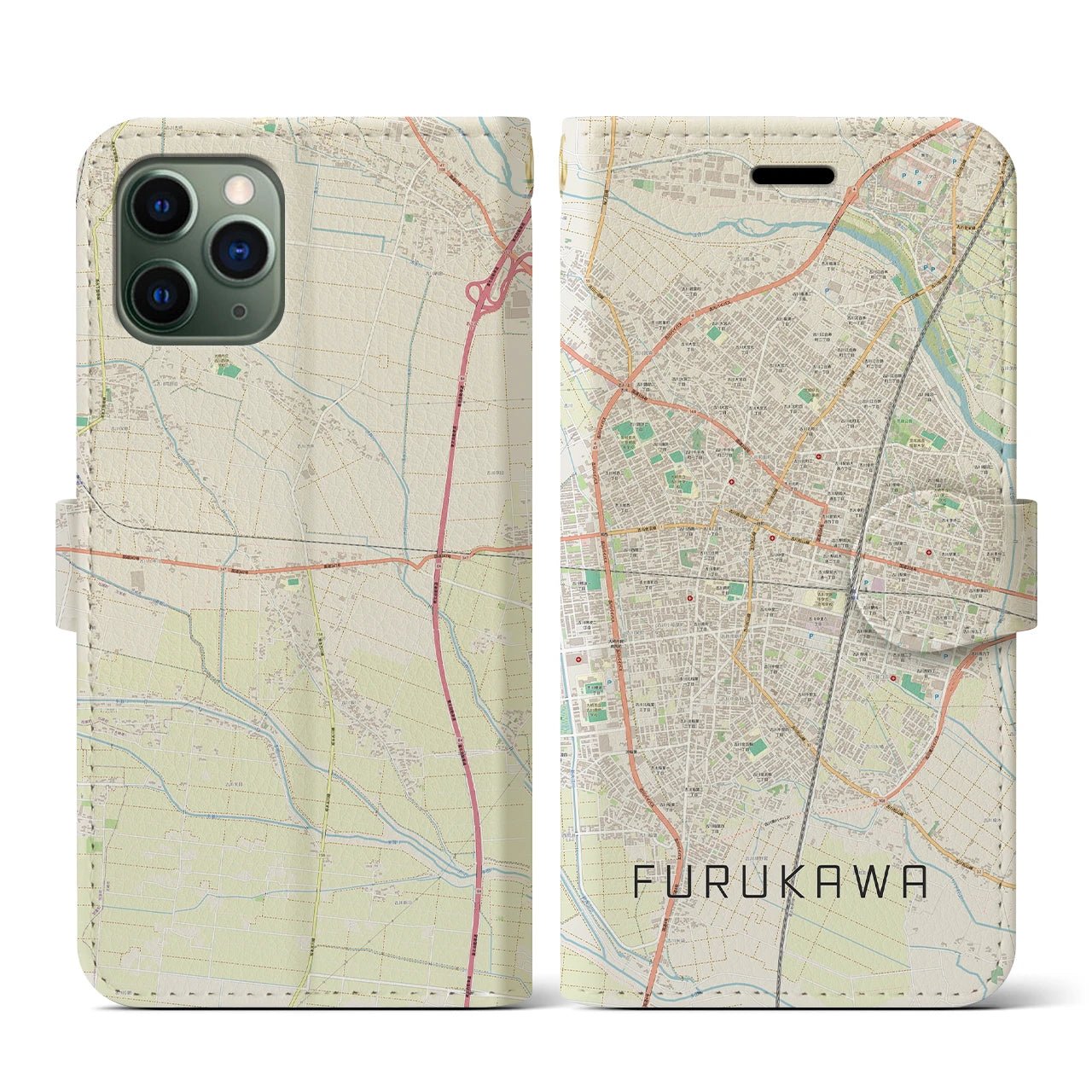 【古川(宮城県)】地図柄iPhoneケース(手帳タイプ)ナチュラル・iPhone 11 Pro 用