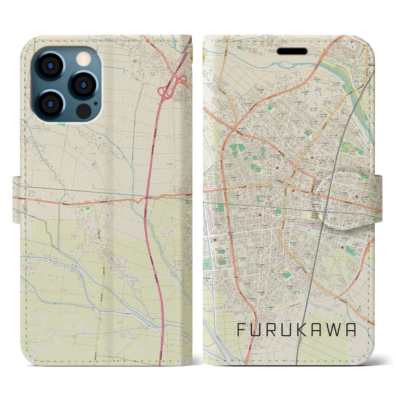 【古川(宮城県)】地図柄iPhoneケース(手帳タイプ)ナチュラル・iPhone 12 / 12 Pro 用
