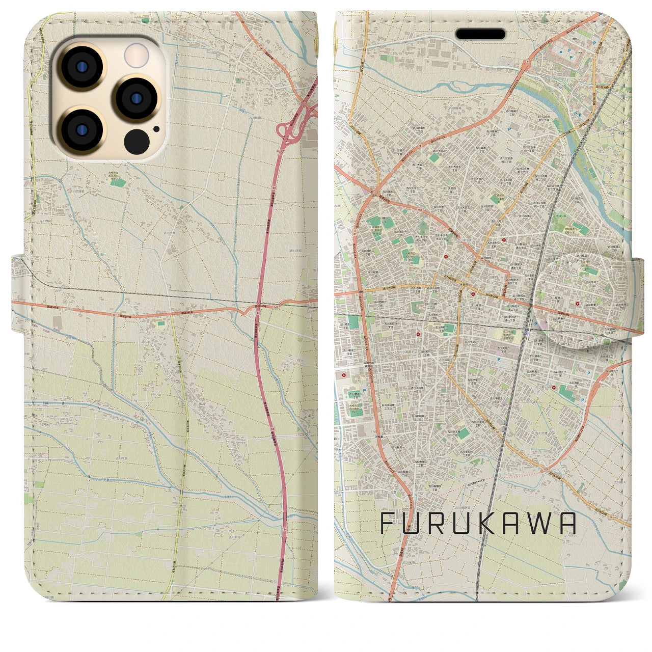 【古川(宮城県)】地図柄iPhoneケース(手帳タイプ)ナチュラル・iPhone 12 Pro Max 用