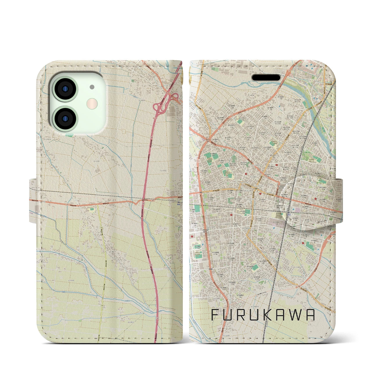 【古川(宮城県)】地図柄iPhoneケース(手帳タイプ)ナチュラル・iPhone 12 mini 用