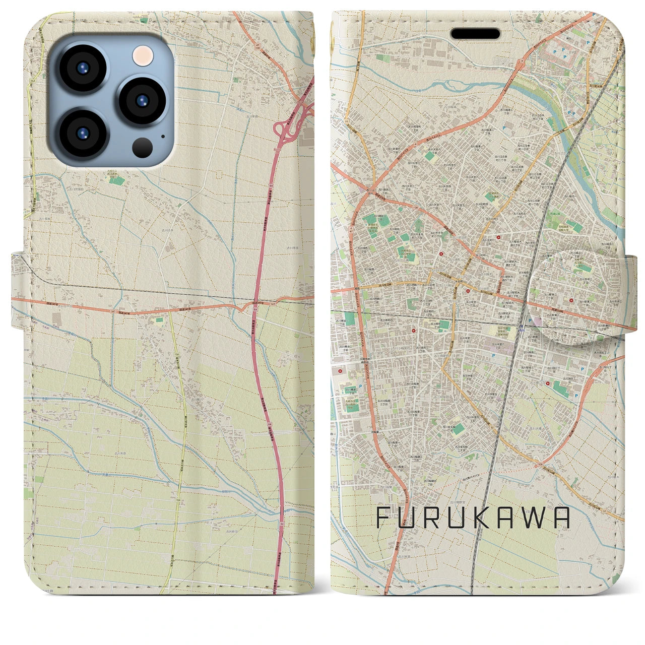 【古川(宮城県)】地図柄iPhoneケース(手帳タイプ)ナチュラル・iPhone 13 Pro Max 用