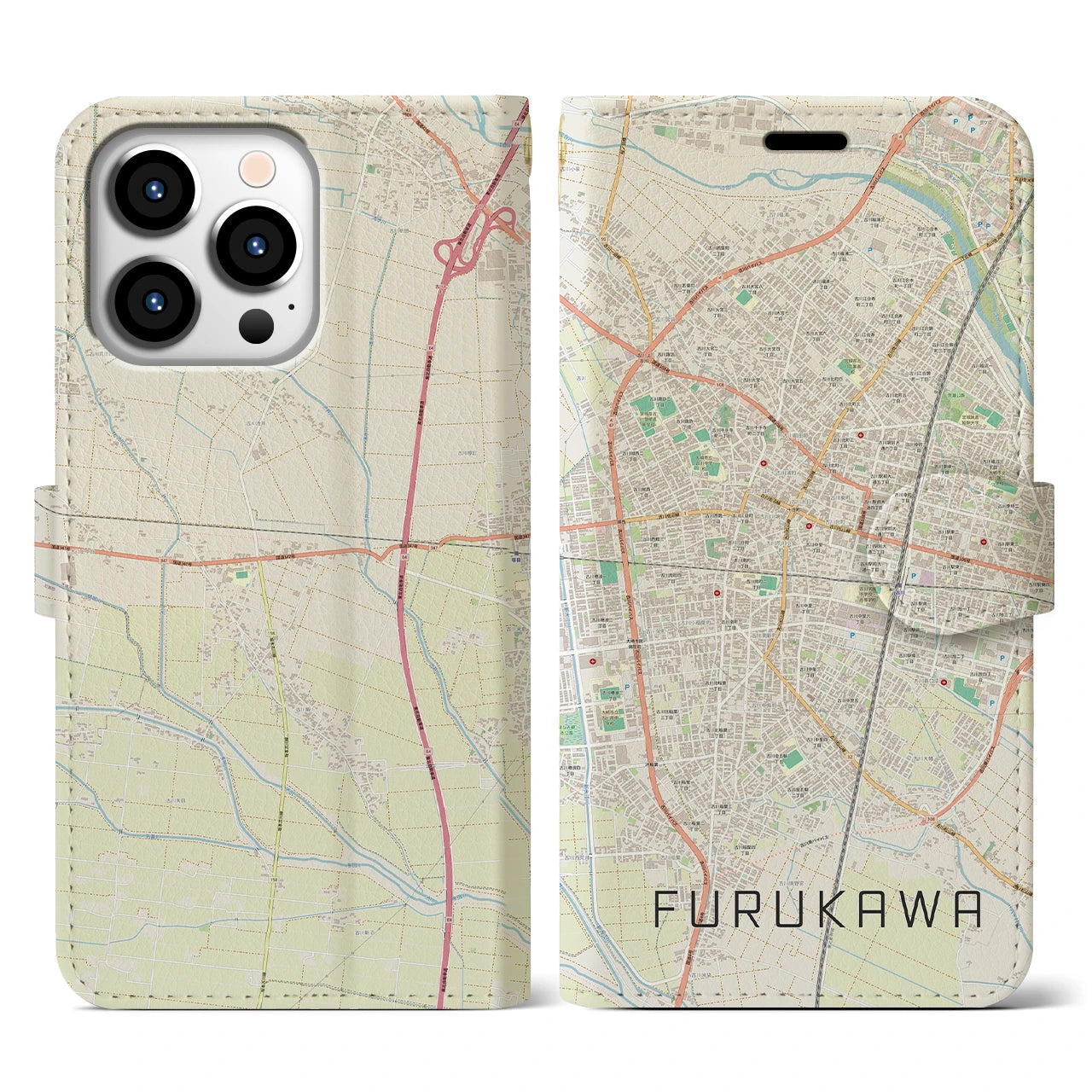 【古川(宮城県)】地図柄iPhoneケース(手帳タイプ)ナチュラル・iPhone 13 Pro 用