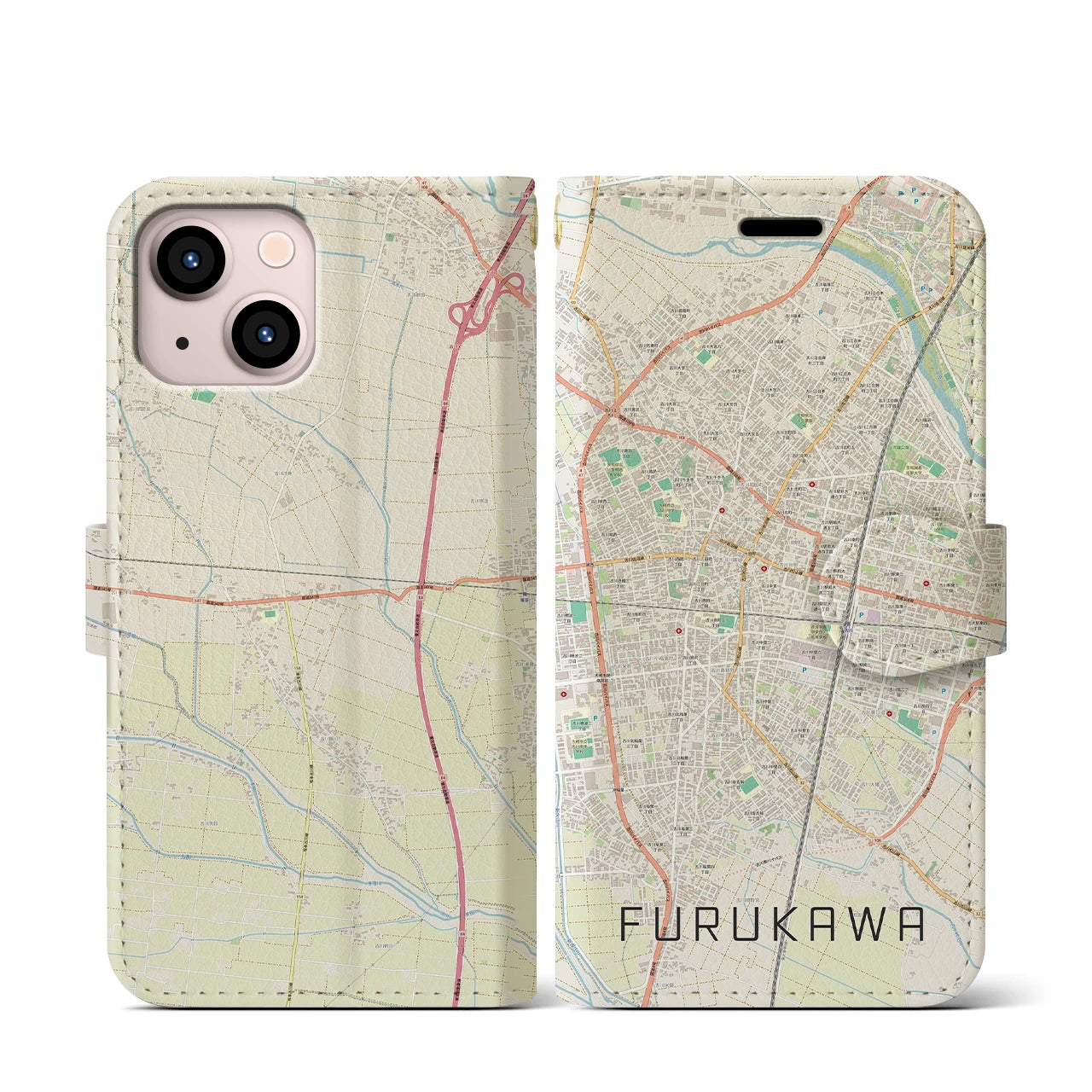 【古川(宮城県)】地図柄iPhoneケース(手帳タイプ)ナチュラル・iPhone 13 mini 用