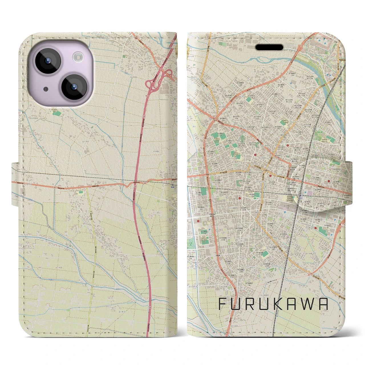 【古川(宮城県)】地図柄iPhoneケース(手帳タイプ)ナチュラル・iPhone 14 用